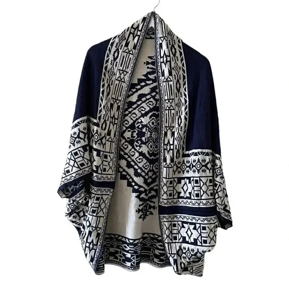 Reversible Shawl Women's Ruana Wrap  Bohemian Navy and Cream  One Size # 1496
